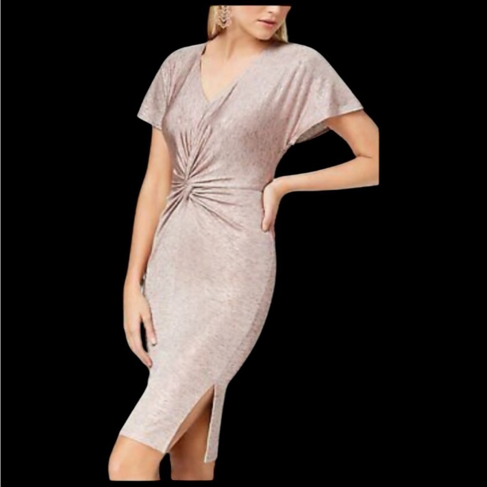 BAR III, ROSE GOLD, METALLIC,TWIST-FRONT DRESS. SHIMMERY METALLIC FABRIC.SIZE M